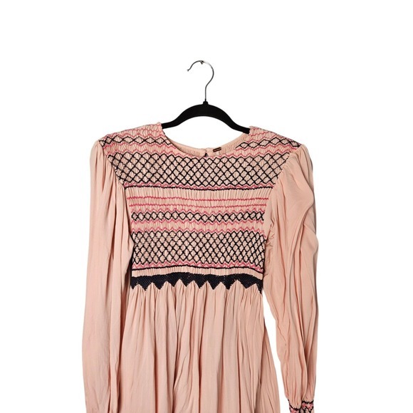 Free People Late Night Picnic Pink Balloon Sleeve Boho Embroidered Dress Size XS - Picture 3 of 7